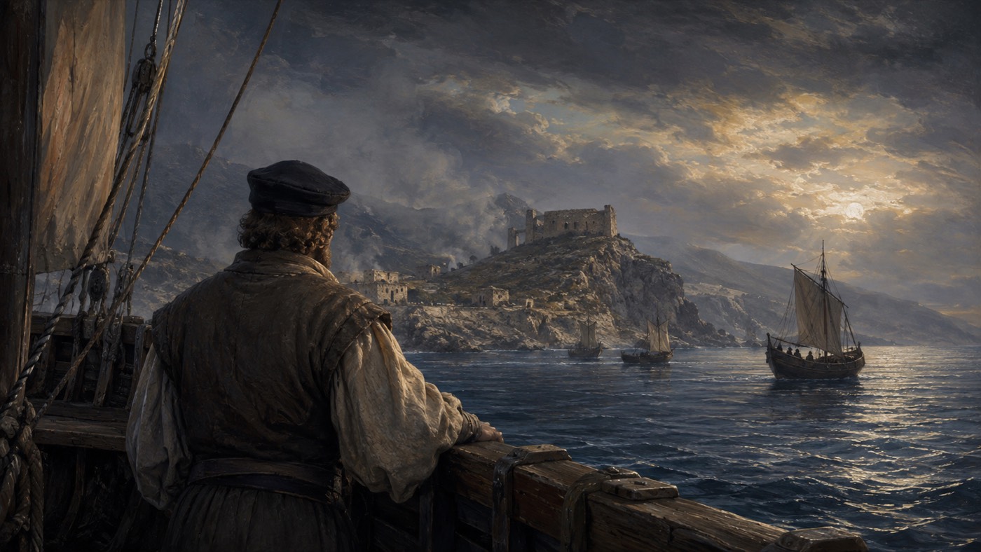 Recreación artística: un expedicionario observa la costa desde una embarcación de finales del siglo XV